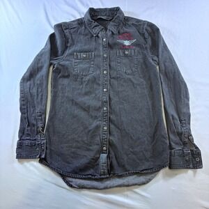 Harley-Davidson Womens XS Faded Black Denim Button Down Shirt Embroidered Logo